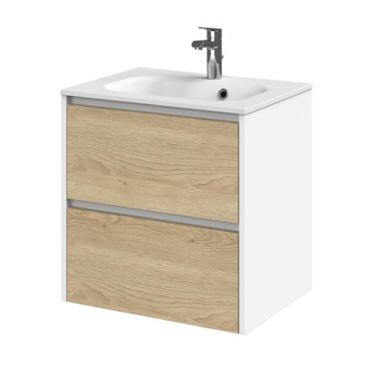 Tiger Reverse Meubelset 60 cm met 2 lades Naturel eik / Mat wit inclusief Oval wastafel Mat wit
