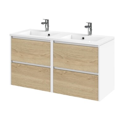Tiger Reverse Meubelset 120 cm met 4 lades Naturel eik / Mat wit inclusief Quadro wastafel dubbel Hoogglans wit