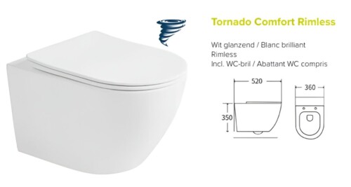 Tornado Comfort Rimless Hangtoilet met Tornado-spoeling